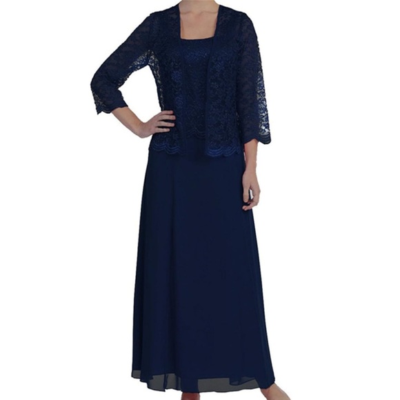 NEW Mother Of The Bride Navy Lace Chiffon Gown with Jacket - Picture 2 of 3